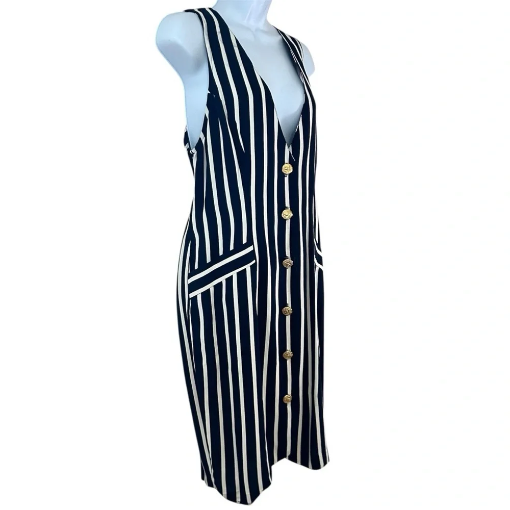 Jonathan Martin Vtg 90s Navy White Nautical Stripped Button Pencil Dress 7/8